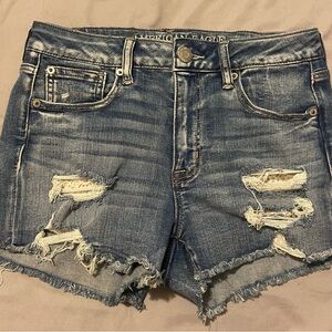 American Eagle Outfitters Blue Distressed Jean Shorts With Lace Under Pockets